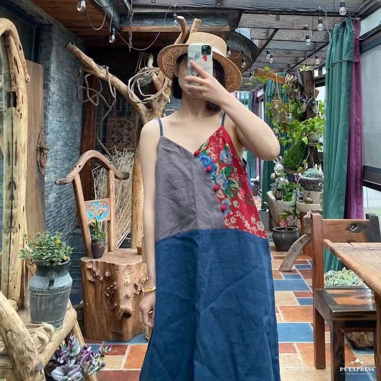 

Johnature женское винтажное лоскутное цветное платье на пуговицах в китайском стиле льняное женское платье на бретельках One Size темно-синий