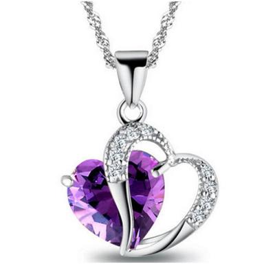 Korean Style Silver Zircon Heart Pendant Necklace with Crystal Clavicle and Sweater Chains