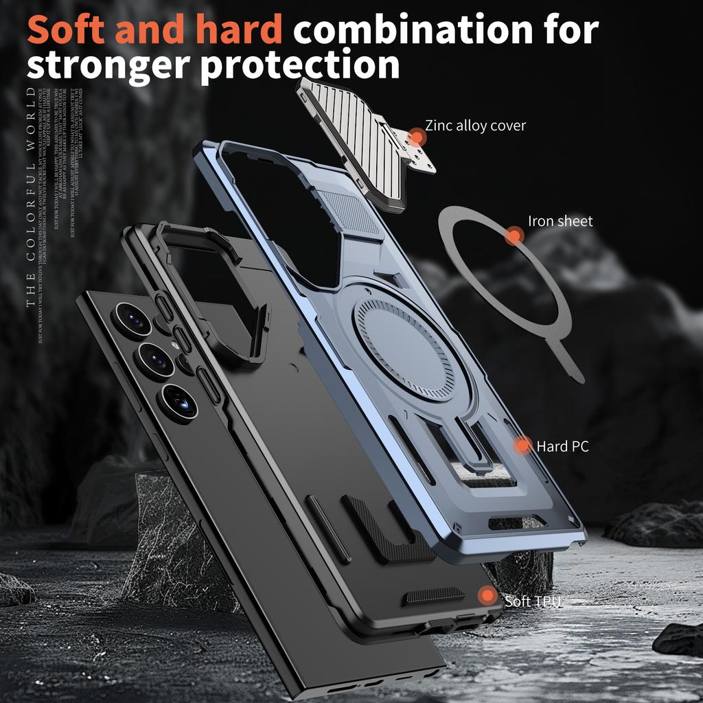 For Samsung Galaxy S24 Ultra Case Compatible with MagSafe Lens Lid Kickstand PC+TPU Back Cover