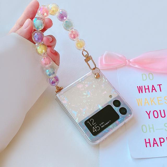 Glitter Colorful Dreamy Conch Shell Pattern Phone Case For Samsung Galaxy Z Flip 3 5g Cute Pearl Bracelet Hand Chain Cover