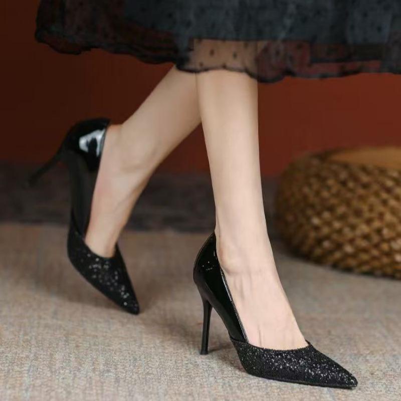 Fashion Women's Single Shoes Spring New Fashion Pointy Splicing Glitter A Slip-on Wear Resistance Stiletto Temperament High Heels