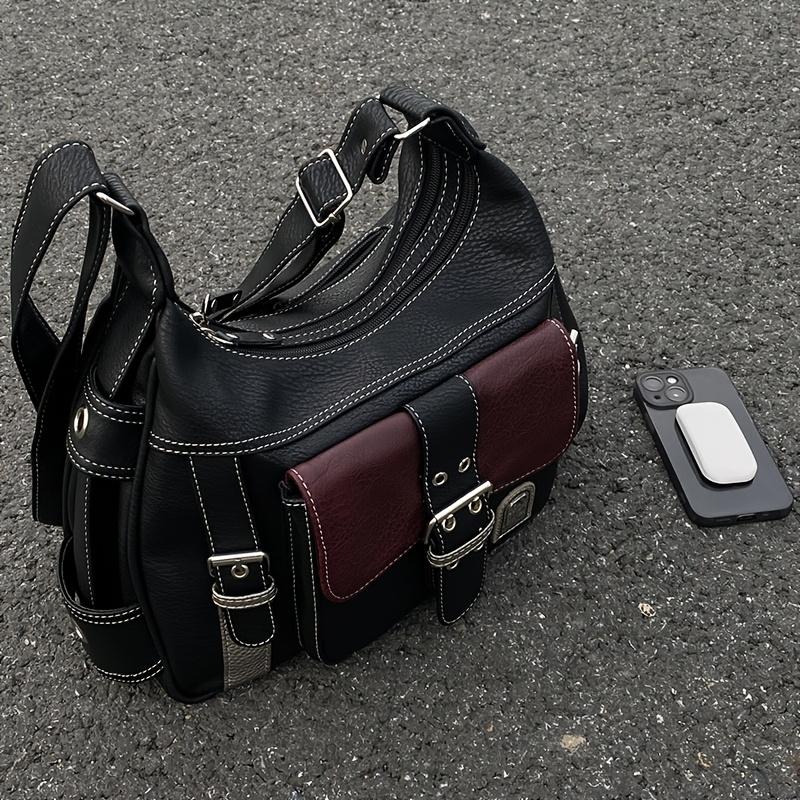 Vintage Leather Women's Bag, Y2k Spicy Girl Motorcycle Crossbody Bag, Large Capacity Contrasting Single Shoulder Bags