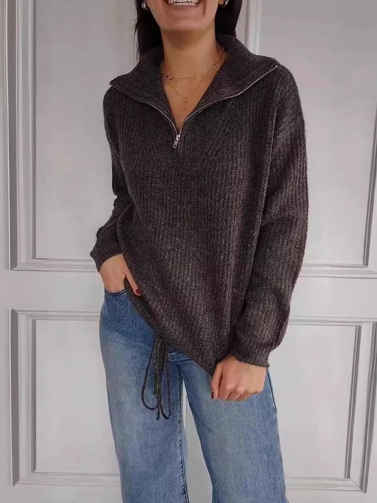 2024 Autumn Winter High Neck Drawstring Knit Sweater - European & American Style Casual Women's Pullover