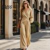 Lässiges Damen-Outfit, Damen-Langarm-2-Teiler-Sets, Oberteil mit unregelmäßigem Saum und V-Ausschnitt, Anzug aus Polyesterfaser und passende Wide-Leg-Hosen für Reise und Urlaub