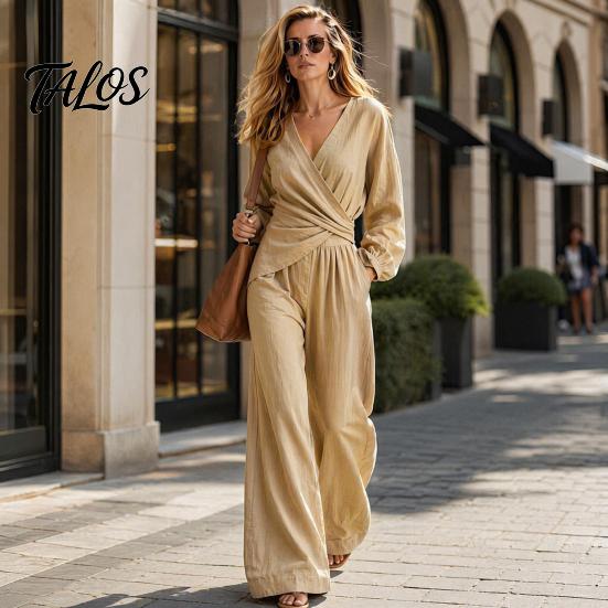 Lässiges Damen-Outfit, Damen-Langarm-2-Teiler-Sets, Oberteil mit unregelmäßigem Saum und V-Ausschnitt, Anzug aus Polyesterfaser und passende Wide-Leg-Hosen für Reise und Urlaub