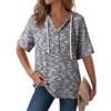 2026 Women's Clothing Summer New Waffle Knit Button V-Neck Drawstring Hooded Short Sleeve Top