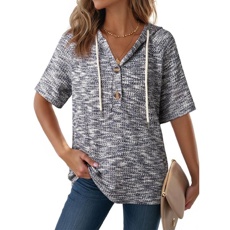 2026 Women's Clothing Summer New Waffle Knit Button V-Neck Drawstring Hooded Short Sleeve Top