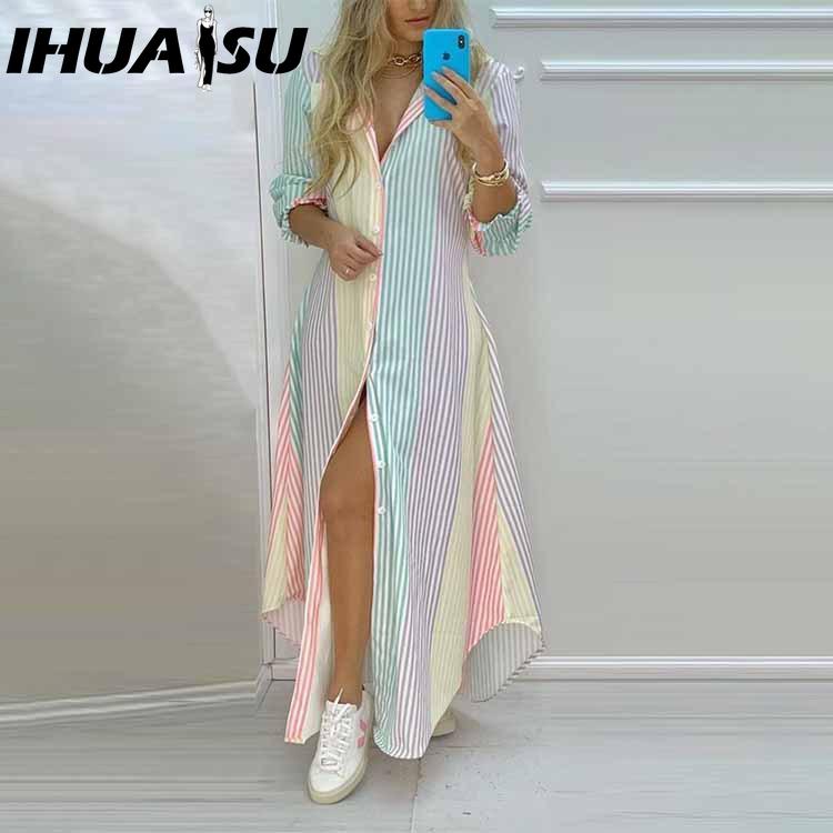 IHUASU Rochie Cămașă cu Imprimeu Temperamental de Primăvară Toamnă pentru Femei, cu Nasturi Simpli, Rochie Cămașă Deschisă, Rochie Lungă Casual