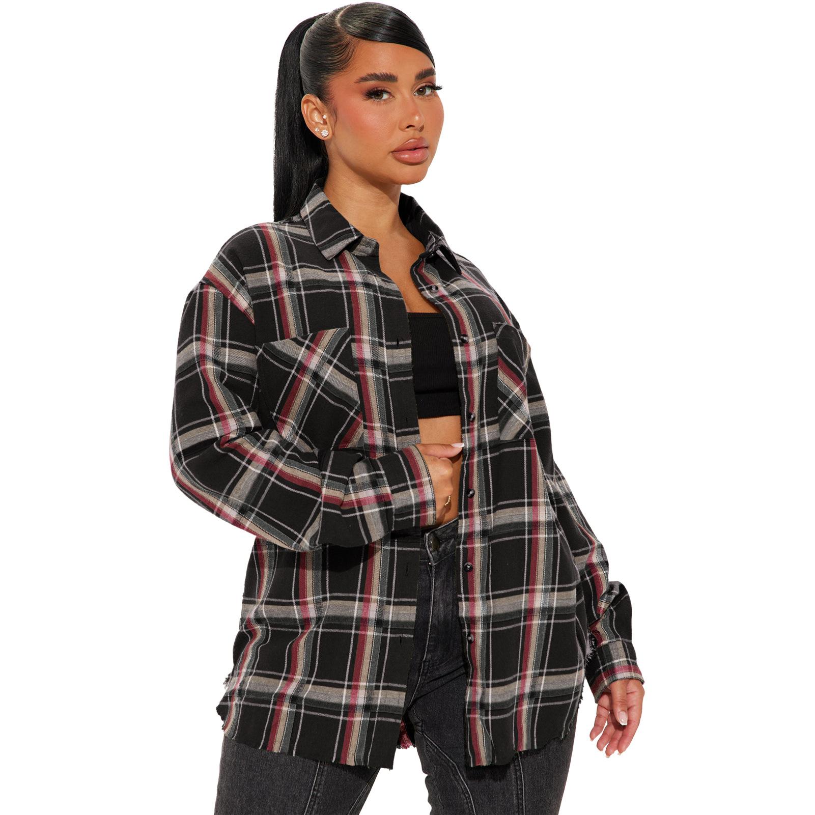 

Большие размеры Женская повседневная клетчатая рубашка с карманом на пуговицах и длинными рукавами XXL чёрный