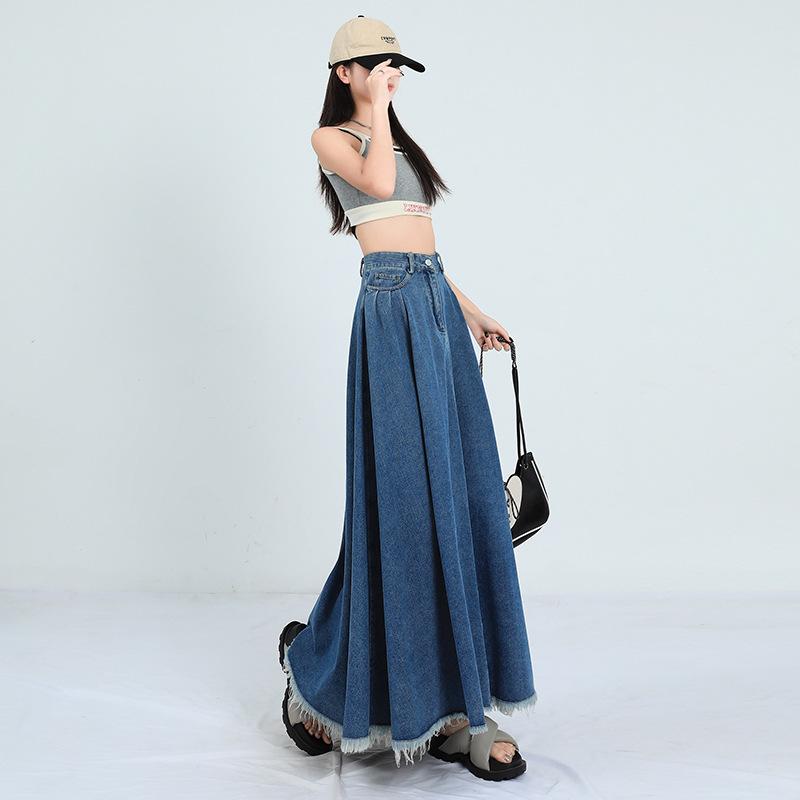 Hong Kong Retro Literary Denim Midi Skirt: Women's 2025 High-Waist A-Line Umbrella Design for Spring/Summer