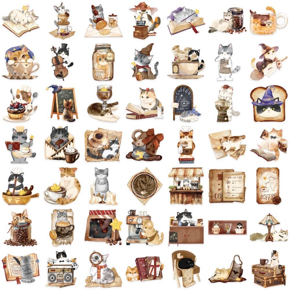 50-Piece Cartoon Magic Cat Café Stickers - DIY PET Transparent Decor for Phone Cases, Luggage, Laptops & Hand Accounts