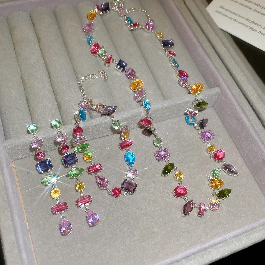 New Colorful Crystal Necklace Bracelet Chain for Women Elegant Clavicle Chain Irregular Zircon Necklace Party Jewelry Sets Gifts