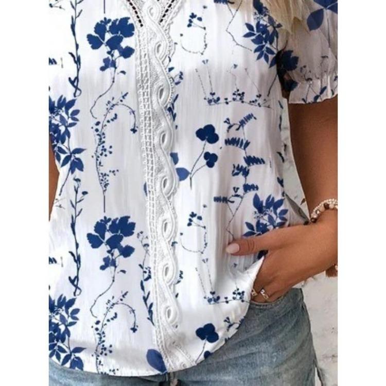 Elegant Plus Size Womens Floral Print Blouse V Neck Lace Detail Short Sleeve Spring Summer Textured Clothing