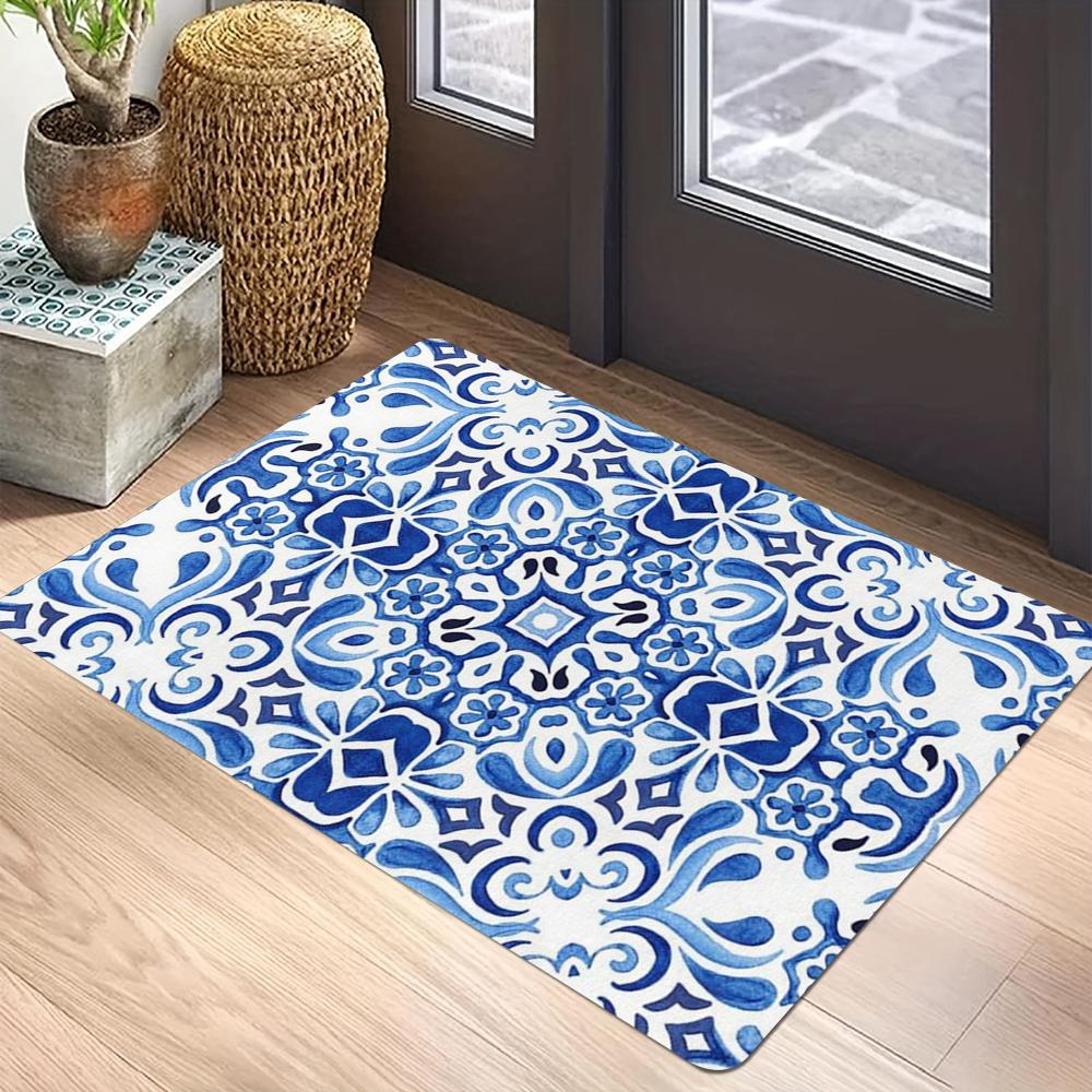 Blau Weiß Muster Teppichmatte - Symmetrisches Design Mediterran Geometrisch Vintage Traditionell Dekorativ Heimdekoration Teppich