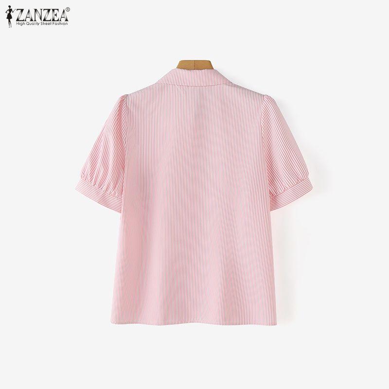 ZANZEA Women Casual Turn Down Collar Short Sleeve Embroidery Stripe Blouse