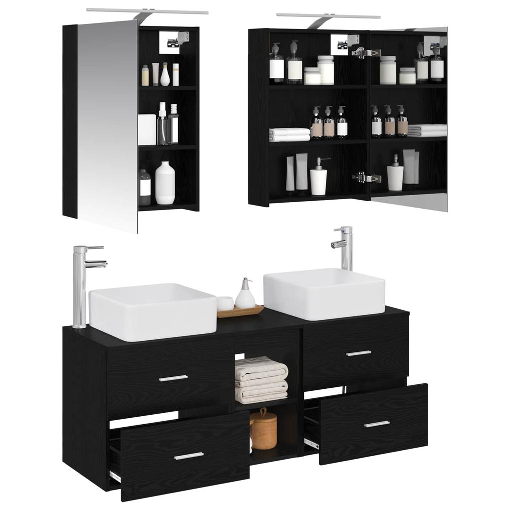 Bathroom Furniture Set 5 Pcs Black Oak Engineered Wood and Glass
