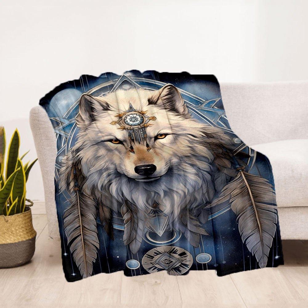 "White Wolf Spirit Dreamcatcher Wall Art Print"Blanket Flannel Throw Blanket for Sofa, Bed, Travel, Camping, Office, Couch, Chair, And Bed G