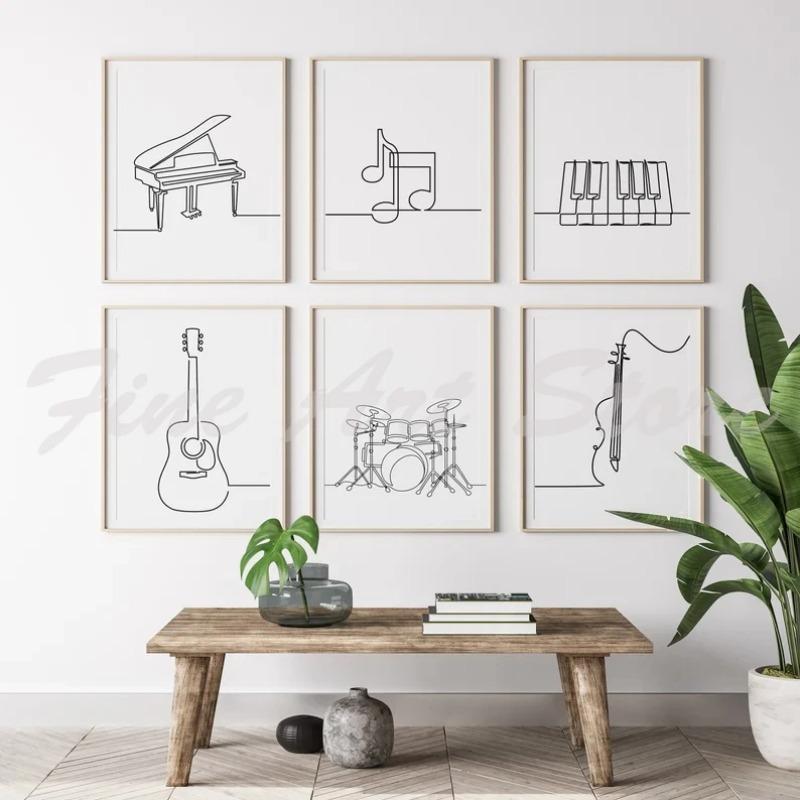 Nordisch Schwarz Weiß Musik Linienzeichnung Klaviertaste Gitarre Schlagzeug Poster Leinwandmalerei Wandkunst Bilder Zuhause Kinderzimmer Dekor