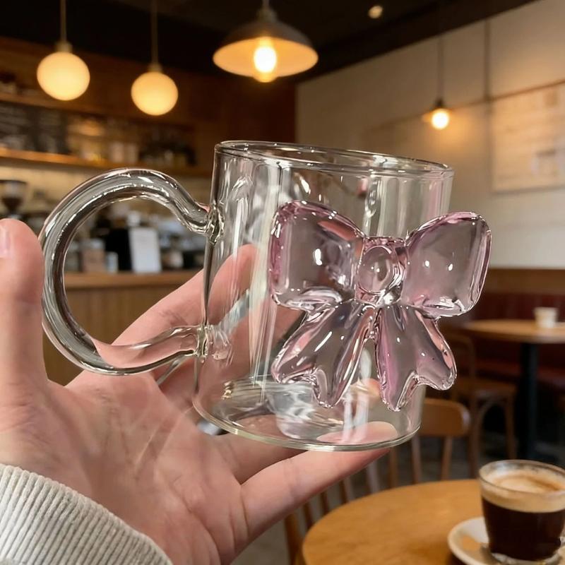 Pink Large Bow Glass Decor Glass Cup Bow Handle Glasses Heat-Resistant High Borosilicate Dessert Ice Cream Bowl Party Favours