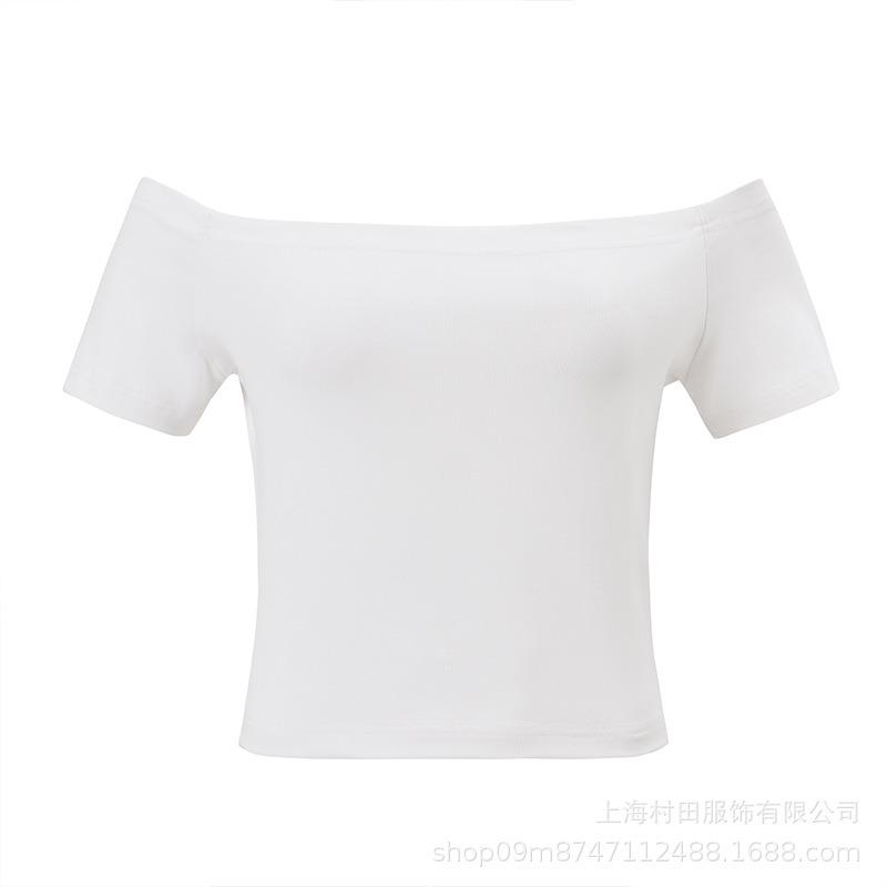 

Summer New Style High-waisted One-line Collar Short-sleeved Women s Tops Slim Sexy Off-shoulder Solid Color Versatile S белый