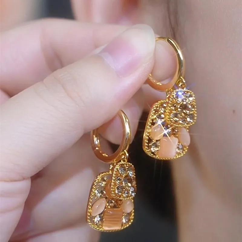 New Square Brown Crystal Zircon Double Layer Drop Earrings For Women Fashionable Daily Accessory Party Jewelry Birthday Gifts