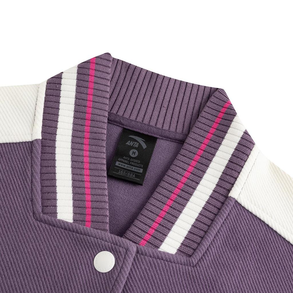 Anta Guan Xiaotong Same Style American Retro Baseball Jacket Deep Hibiscus Purple Warm Jade White Women 162618714S-2
