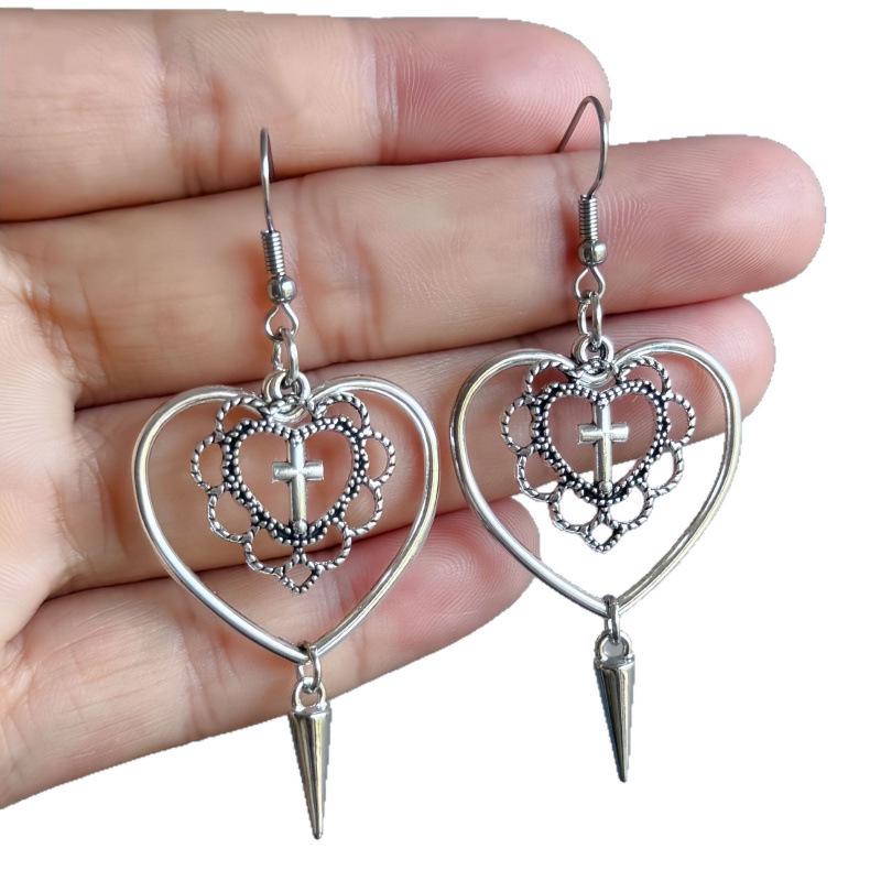Harajuku Dark Style Retro Heart Cross Tassel Earrings for Women
