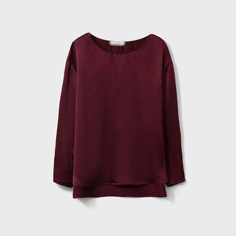 

Heavyweight Mulberry Silk Pearl Satin Long Sleeve Top with Round Neck and Hem Large