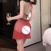 Sexy Dot Print Mesh Lace Trimmed Dress Transparent Lace Camisole Dress Seductive Role-play Backless Deep V Sleeveless Dress