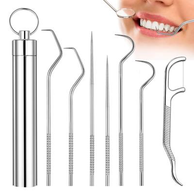 Gozaqe 7-teiliges Edelstahl-Zahnseide-Zahnstocher-Set mit Aluminiumröhrchen - Tragbare Zahnreinigungsstäbchen Flosser für die Körperpflege und Zahnspangen