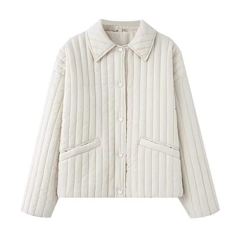 

Kaslead New Women clothes Western Style Versitile Fashion Heart-Shaped Decorated Row Button Cotton-padded jacket Jacket White M