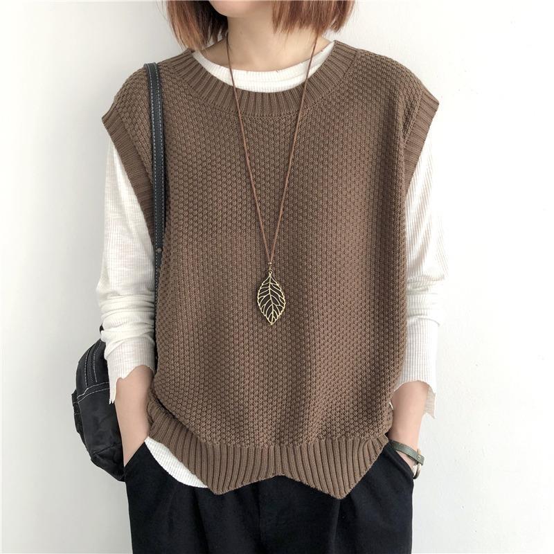 

Women s Knitted Sleeveless Crew Neck Vest - Irregular Loose Fit, Solid Color, Spring 2024 Collection One Size темные хаки