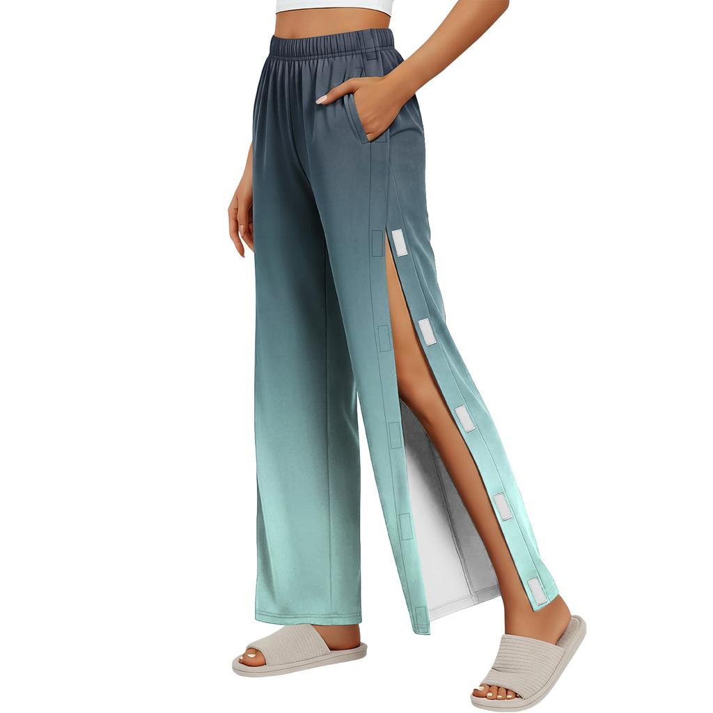 Women Gradient Side Hook and Loop Closure Easy Open Post Surgery Recovery Care Long Pants Elastic Waistband Lightweight Fabric