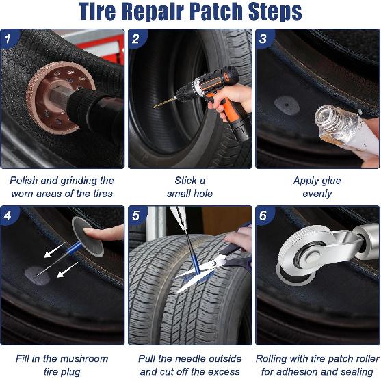 24+3PCS Tire Patch Kit, 24PCS Tire Repair Patch Plug Tool (36/46 / 60 Mm)/ Patch Roller Tool/Repair Buffing Wheel/Hex Shank Drill Bit