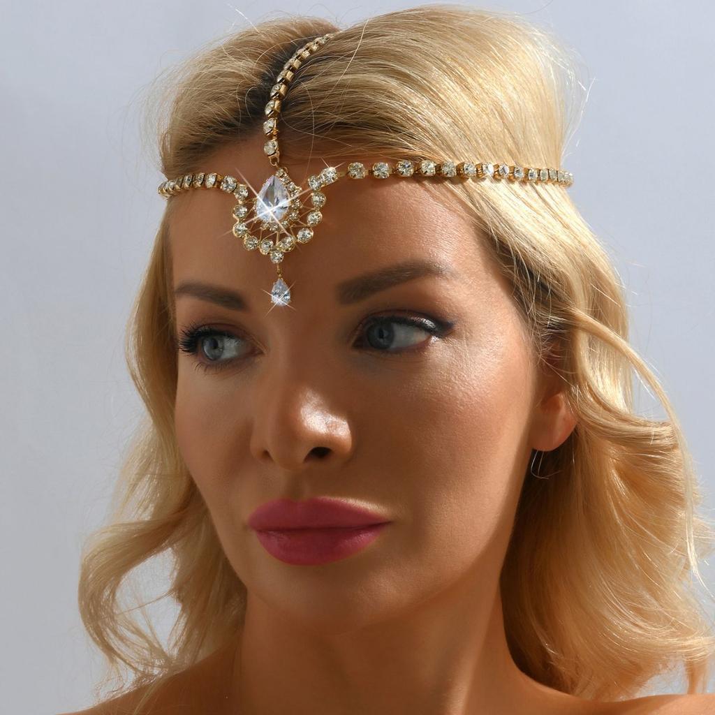 Multi-layer Forehead Chain Ethnic Style Zircon Water Drop Party Rhinestone Gold Headdress