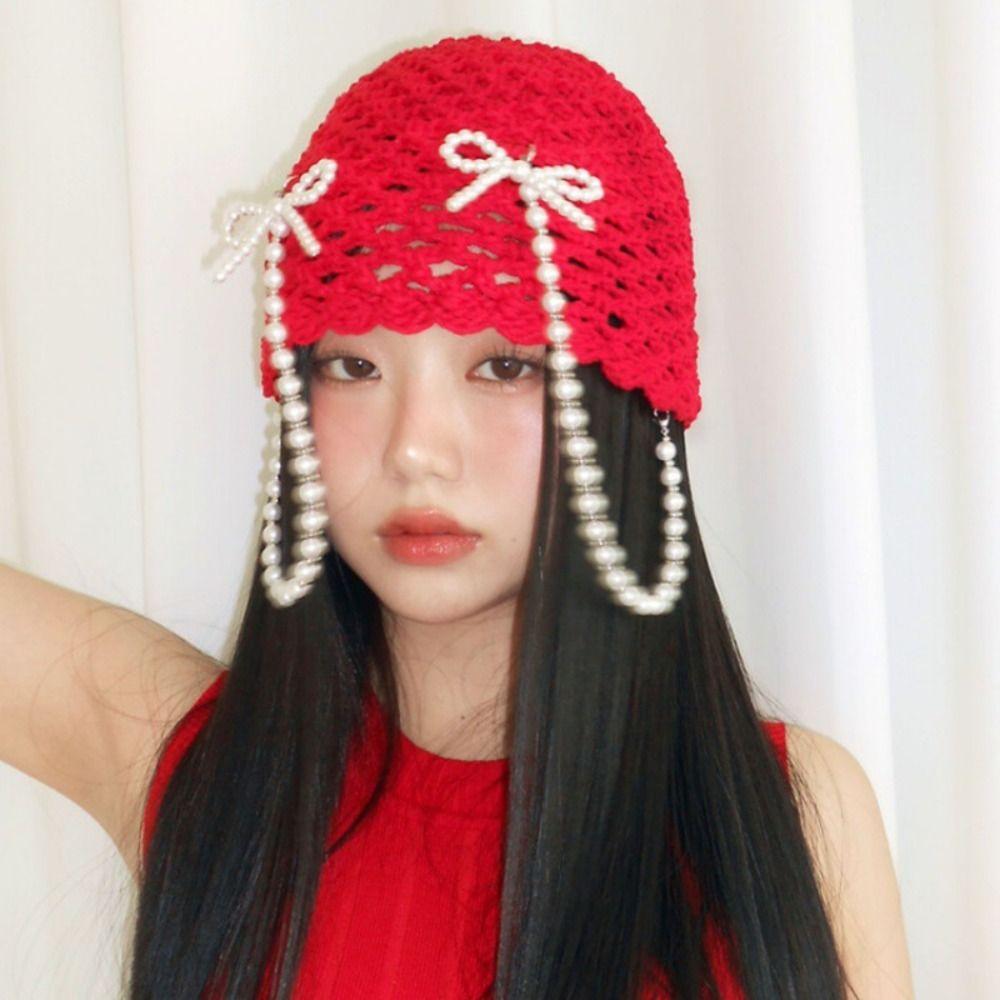 Bohemian Style Crochet Knitted Hat Hollow Out Weave Cap Cute Bow Pearl Beanies  Girls