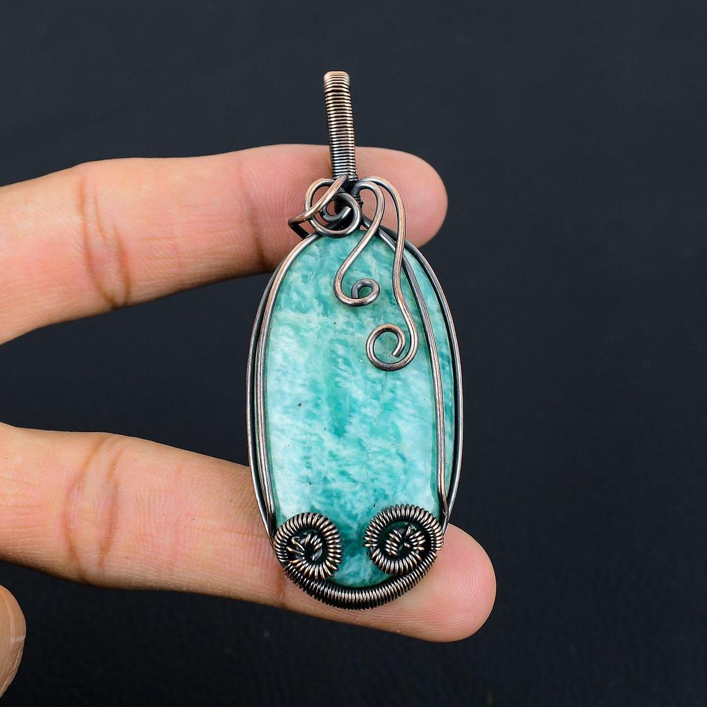 Amazonite Gemstone Pure Copper Wire Wrapped Handmade Jewelry Pendant For Gift