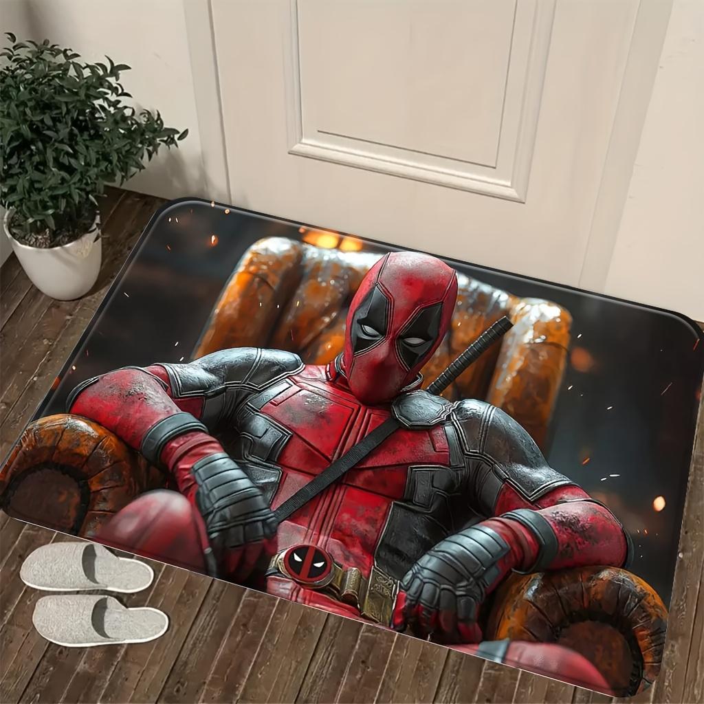 Authorized 1pc Cartoon Printed Mat, Deadpool Red Black Battle Suit Sitting on Rusty Throne with Sword Decoration Pattern Easy 40cm x 60cm