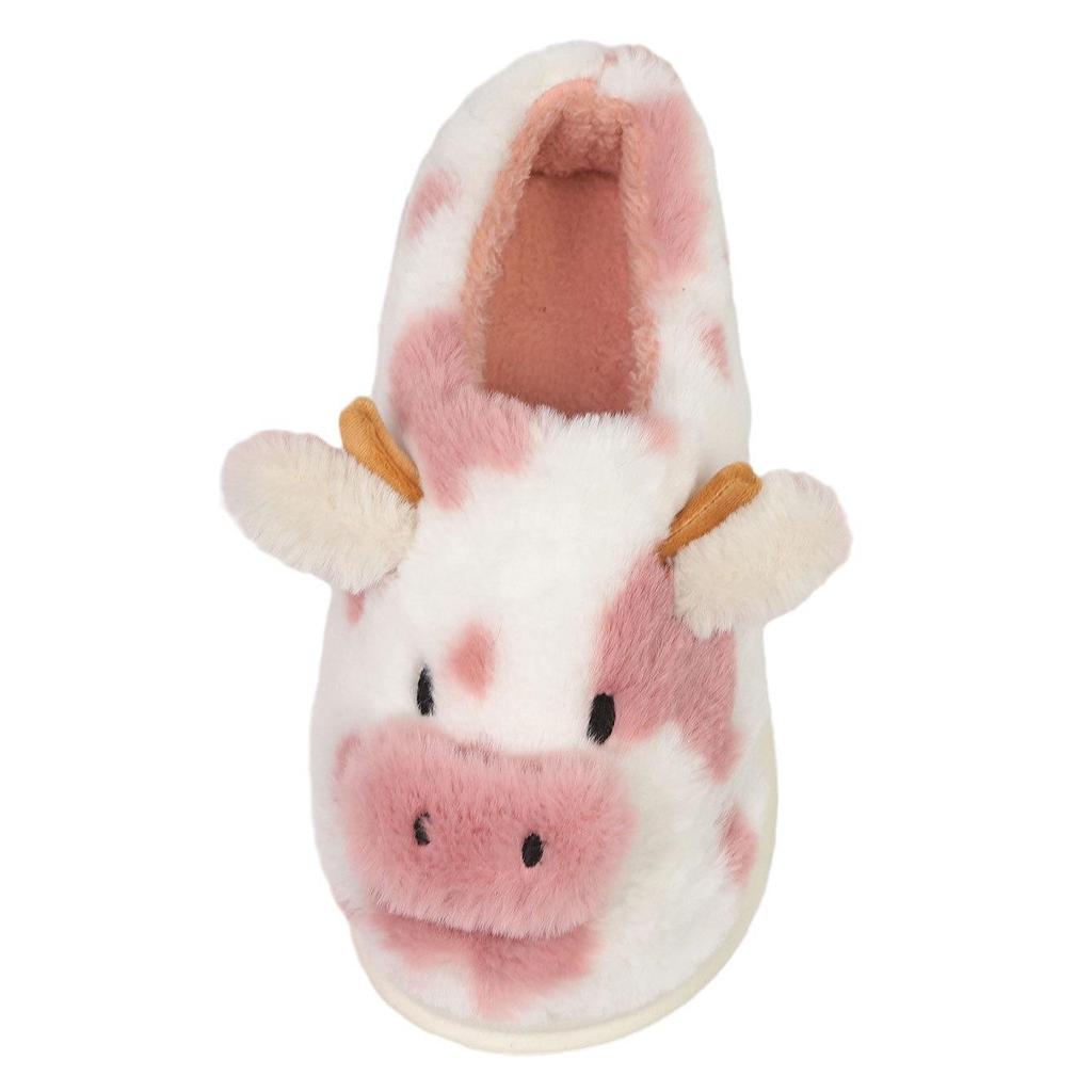 Cartoon Cow Furry Slippers with Thickened Heel, Warm Non-Slip Indoor Winter Clogs