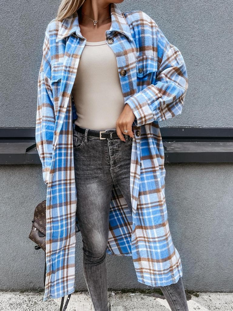 2022 Autumn/Winter Women's European & American Plaid Long-Sleeved Loose Shirt Jacket