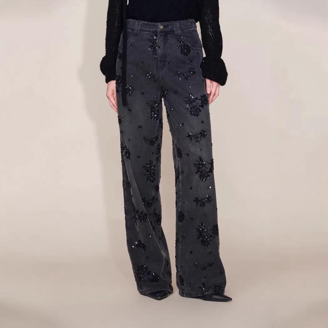 

Джинсы с высокой талией и широкими штанинами, черные, с кристаллами в виде роз, весна 2026 Medium чёрный