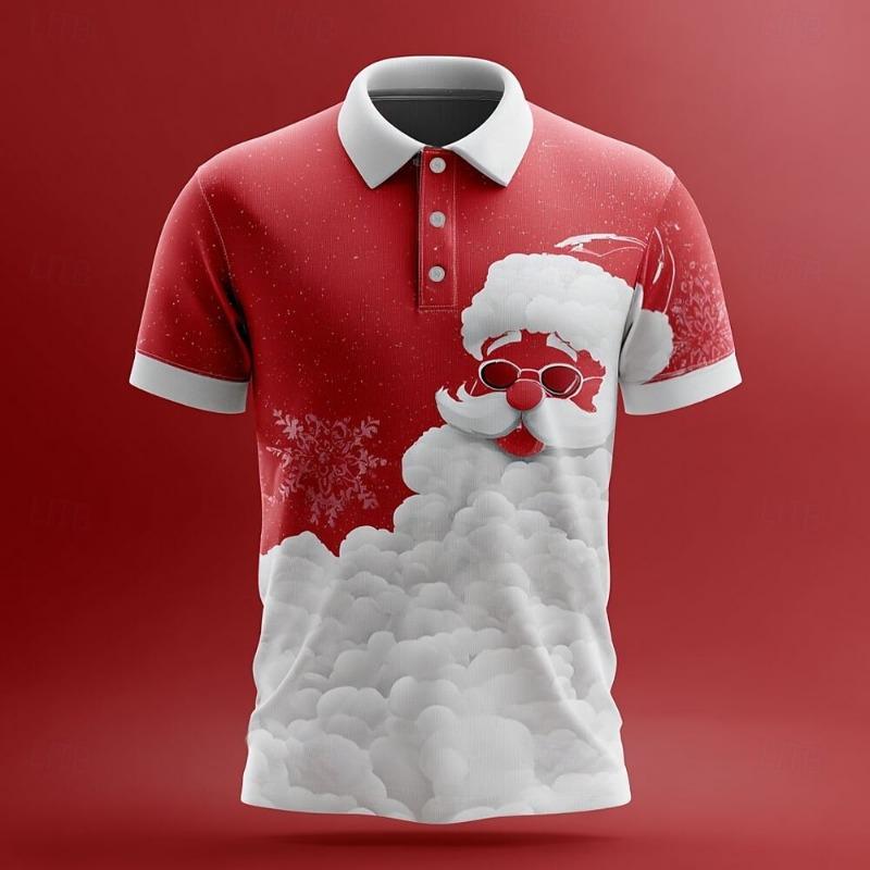 Weihnachten Lustiger Weihnachtsmann 3D-gedrucktes Herren-Kurzarm-Poloshirt Mode Revers-Knopfhemd Lässig Festival Herrenbekleidung