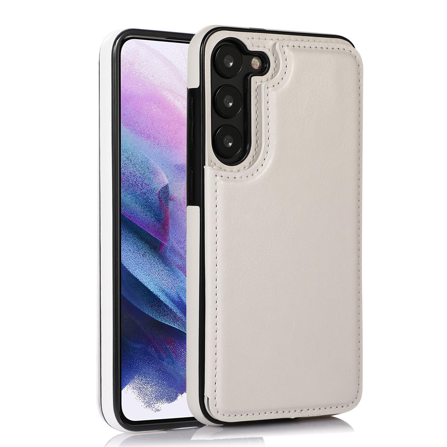 

For Samsung Galaxy S23 PU Leather Coated TPU Phone Case Dual Buttons Card Holder Kickstand Cover White
