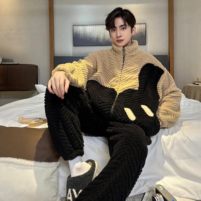 Autumn Winter Coral Fleece Men's Pajamas Set Thicken Flannel Warm Sleepwear Young Boy Loose Zipper Soft Pajama Fashion Cartoon Men Pyjama Home Wear