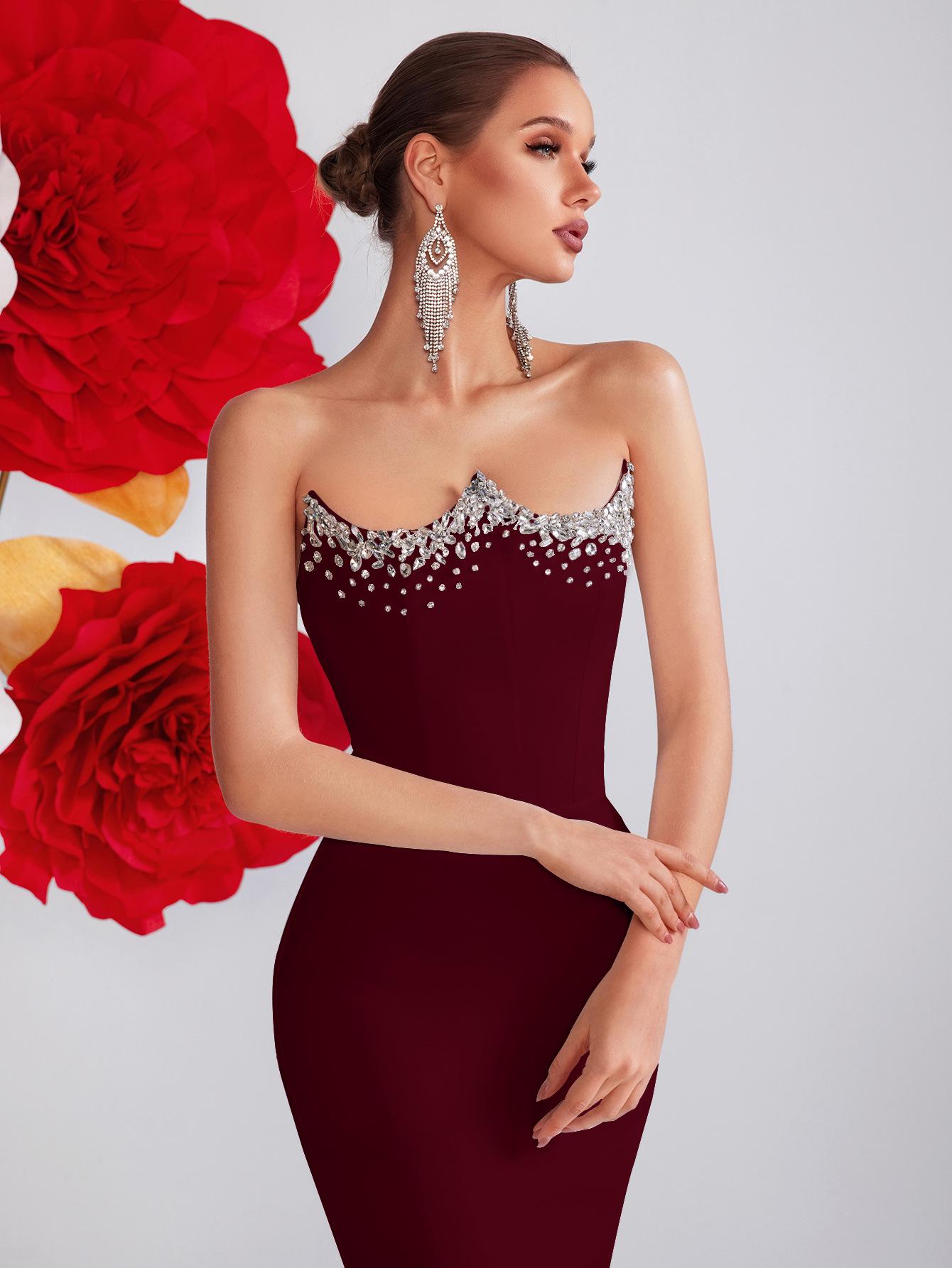 

Европейское и американское облегающее бандажное платье-макси с кристаллами, без бретелей, для вечерних вечеринок Large вино красного