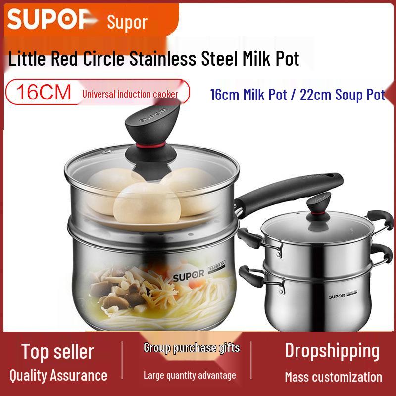 

Supor 304 Stainless Steel Multi-Purpose Steamer & Soup Pot for Baby Food with Original Steamer Basket, Available in 16/22cm 16cm Single Handle [1-3 People]