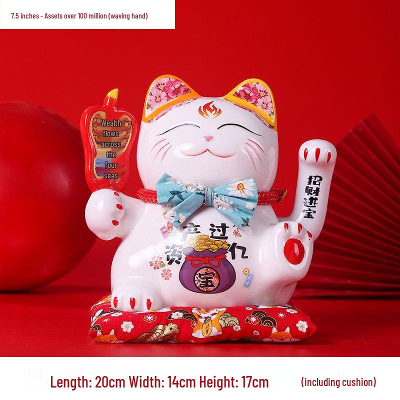 

Large Lucky Cat Ceramic Ornament with Electric Waving Hand - Ideal for Cashier Counter or Home Decor.