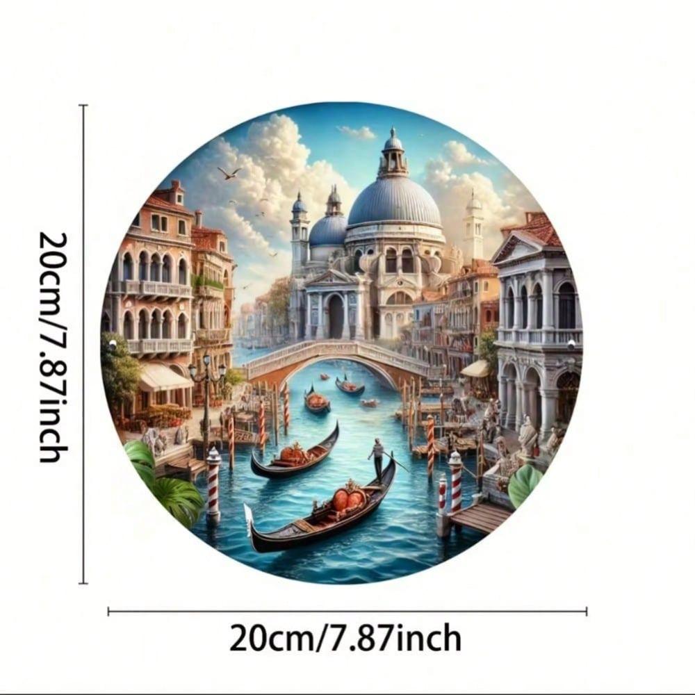 Vintage Venice Canal Round Metal Wall Art Iron Sign Gothic Buildings Water Reflection Home Decor