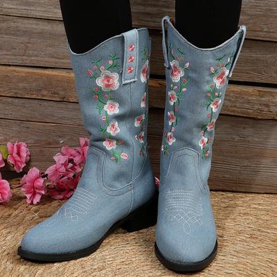 Herbst- und Winterschuhe, Stiefel, Übergrößen, Cowboystiefel, bestickt in der Mitte der Damen