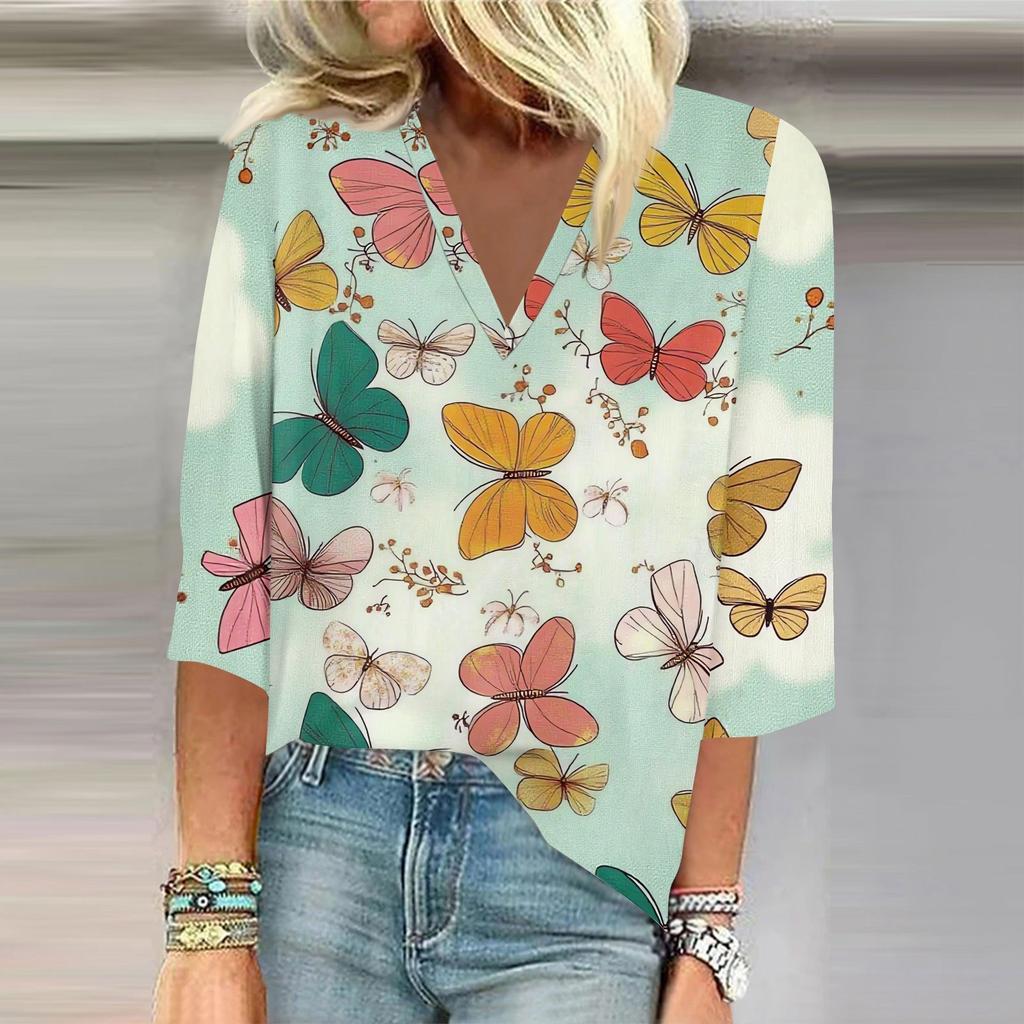 Women's Shirt Blouse Casual Loose Shirts 3/4 Sleeve Print V Neck Tops Print Tops T-shirts Tee